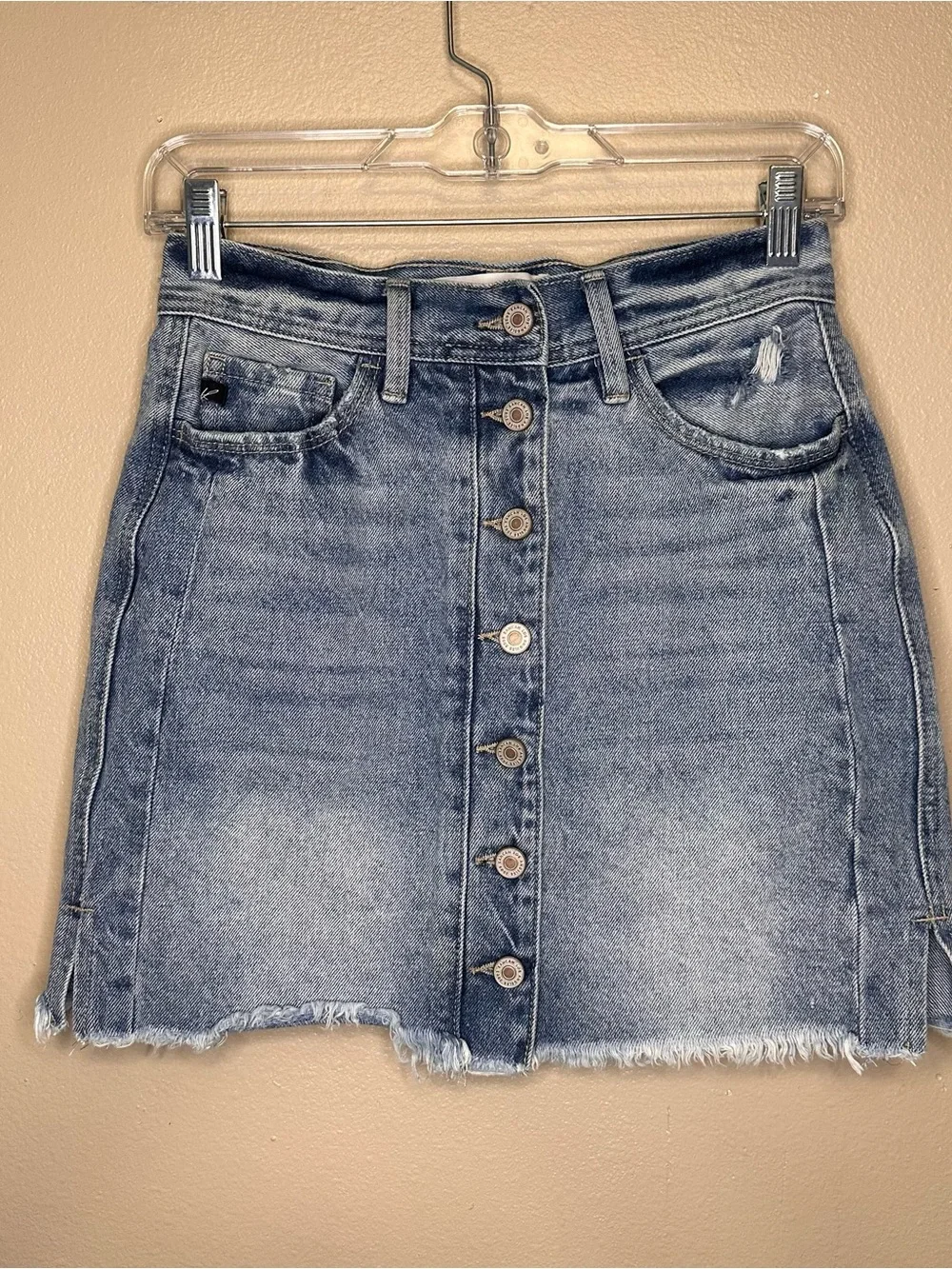KanCan Light Blue Button-Front Distressed Denim Mini Skirt